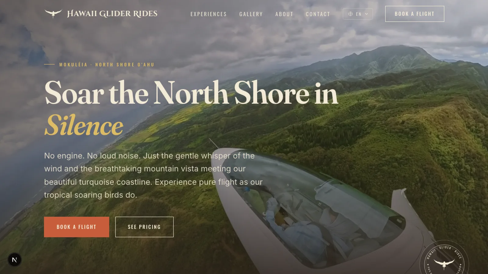 Hawaii Glider Rides homepage with travel-poster hero