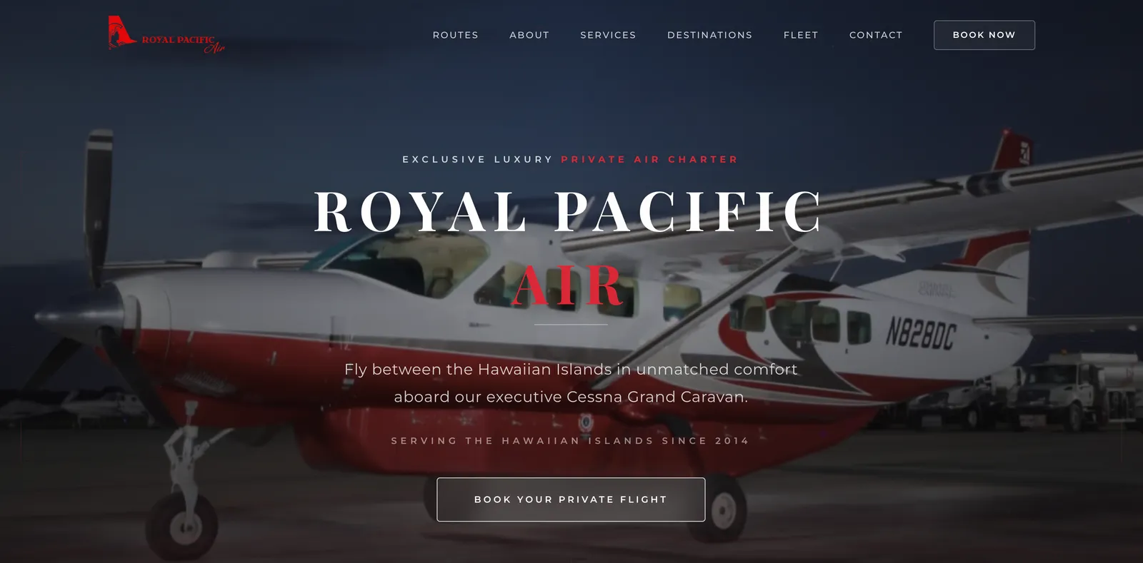 Royal Pacific Air homepage with cinematic scroll and island map